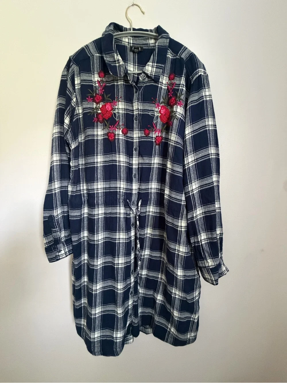 Navy Plaid Long Sleeve Shirt Dress with Pink Floral Embroidery